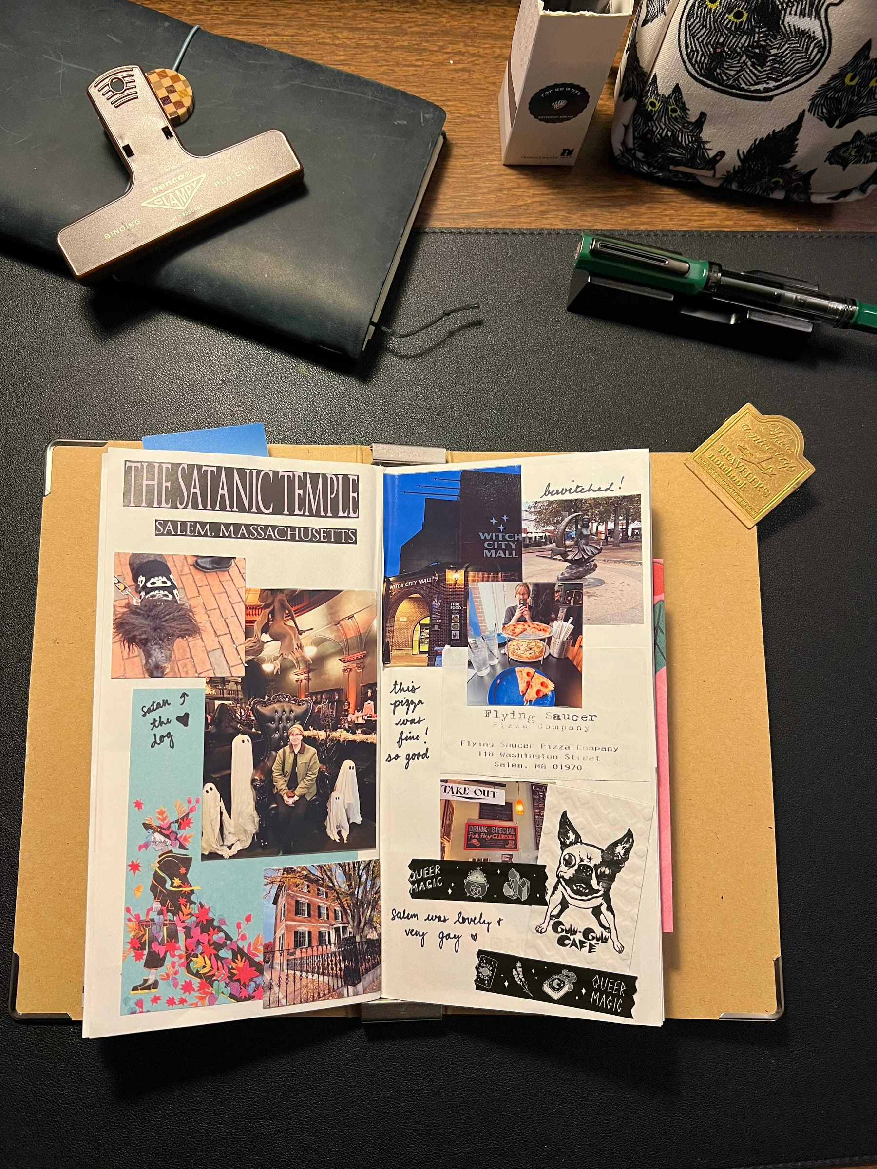 Auto-generated description: A scrapbook-style journal page features various photos, handwritten notes, and stickers related to The Satanic Temple in Salem, Massachusetts, surrounded by stationery items.